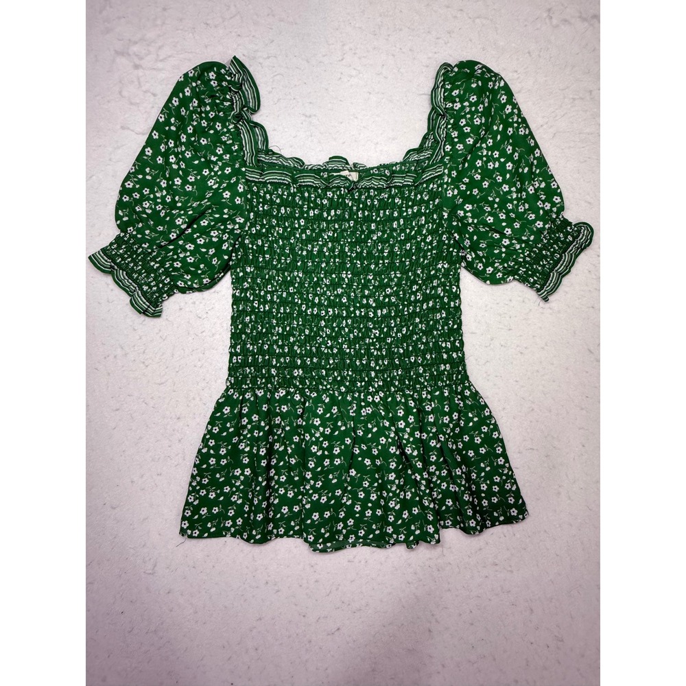 MX Studio Green Floral Smocked Peplum Top Puff Sleeve Square Neck Small